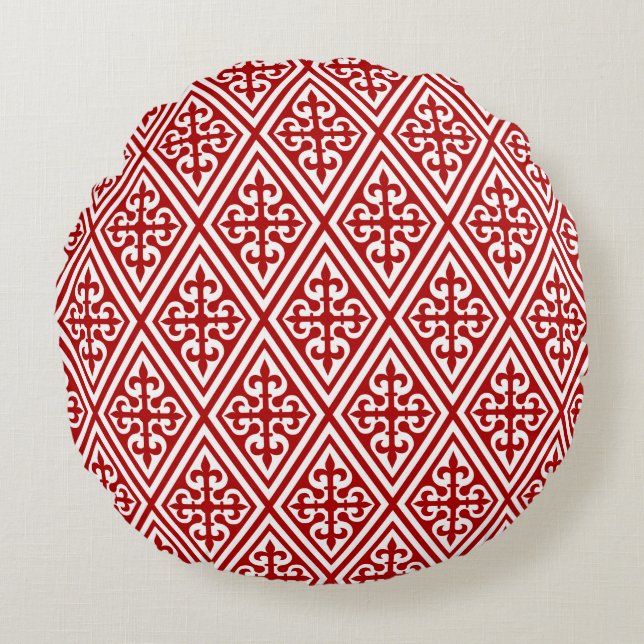 Medieval Cross Damask - Deep Red en White Rond Kussen (Voorkant)
