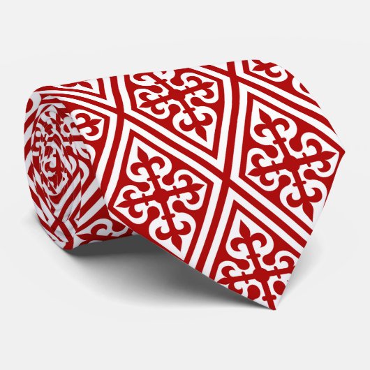 Medieval Cross Damask - Deep Red en White Stropdas (Opgerold)