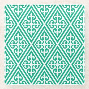 Medieval Cross Damask - Turquoise en White Glazen Onderzetter
