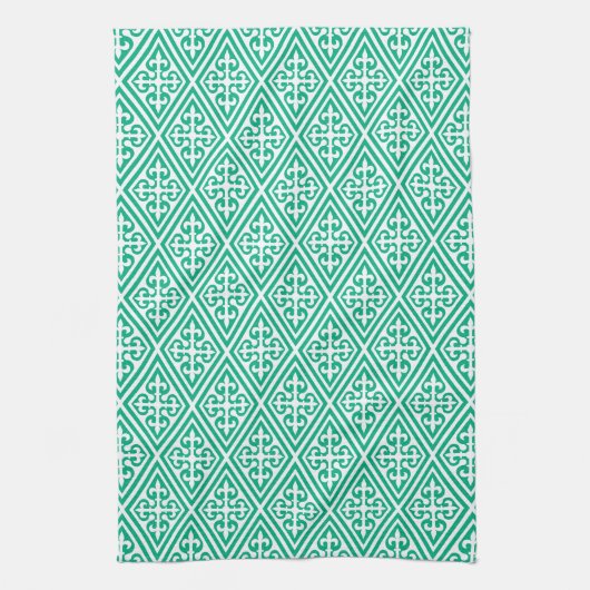 Medieval Cross Damask - Turquoise en White Theedoek (Verticaal)