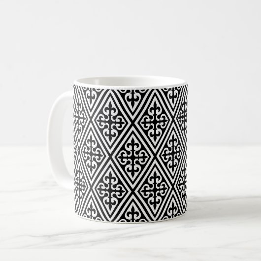 Medieval Cross Damask - Zwart-wit Koffiemok (Voorkant links)