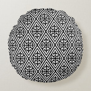 Medieval Cross Damask - Zwart-wit Rond Kussen