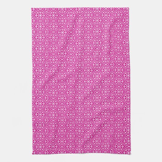 Medieval Damask Diamonds, magenta en wit Theedoek (Verticaal)