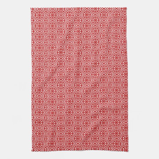 Medieval Damask Fleur-de-lis, rood en wit Theedoek (Verticaal)