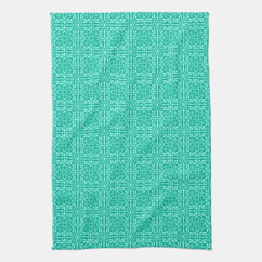Medieval Damask Fleur-de-lis, turquoise & aqua Theedoek (Verticaal)