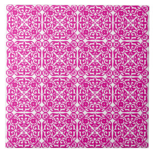 Medieval Damask patroon, magenta en wit Tegeltje