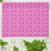 Medieval Damask patroon, magenta en wit Theedoek (Gevouwen)