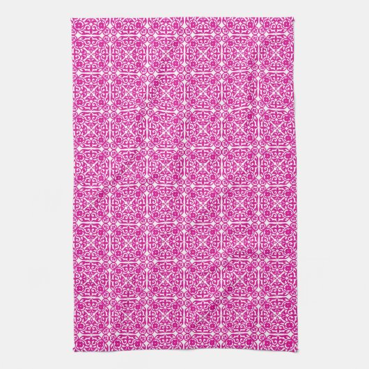 Medieval Damask patroon, magenta en wit Theedoek (Verticaal)