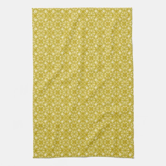Medieval Damask patroon, mosterdgoud Theedoek (Verticaal)