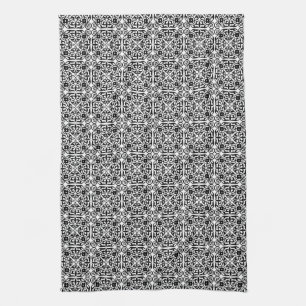 Medieval Damask patroon, zwart-wit Theedoek