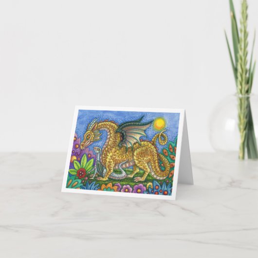 MEDIEVAL DRAGON & YOUNG, COLORFUL FOLK ART GARDEN KAART (Voorkant)