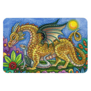 MEDIEVAL DRAGON & YOUNG, COLORFUL FOLK ART GARDEN MAGNEET