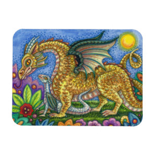 MEDIEVAL DRAGON & YOUNG, COLORFUL FOLK ART GARDEN MAGNEET