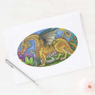 MEDIEVAL DRAGON & YOUNG, COLORFUL FOLK ART GARDEN OVALE STICKER