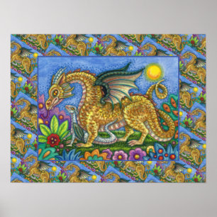 MEDIEVAL DRAGON & YOUNG, COLORFUL FOLK ART GARDEN POSTER