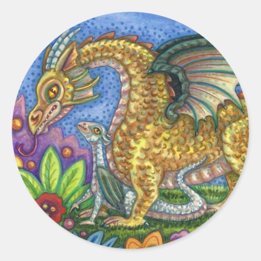 MEDIEVAL DRAGON & YOUNG, COLORFUL FOLK ART GARDEN RONDE STICKER (Voorkant)