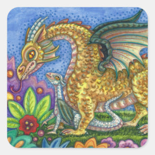 MEDIEVAL DRAGON & YOUNG, COLORFUL FOLK ART GARDEN VIERKANTE STICKER