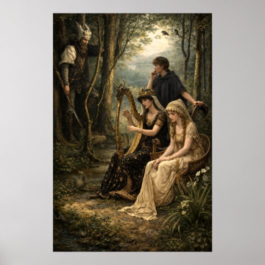 Medieval Fairy Tale Queen In Woods With Harp Poster (Voorkant)