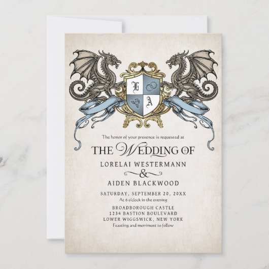 Medieval Fantasy Dragon Monogram Wedding Kaart (Voorkant)