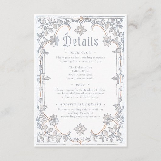 Medieval Fantasy Frame Blue Gold Etching Wedding Informatiekaartje (Voorkant)