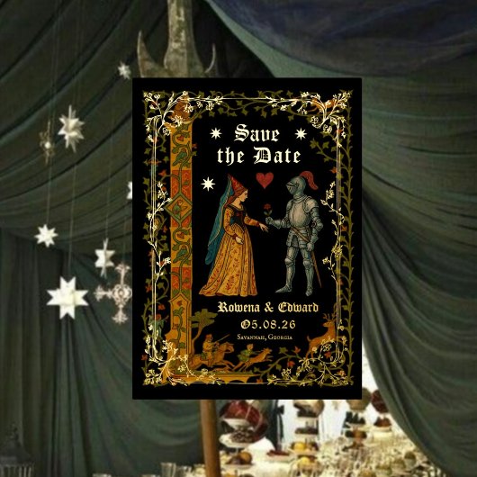 Medieval Fantasy Knight and Lady Save the Date Folie Uitnodiging