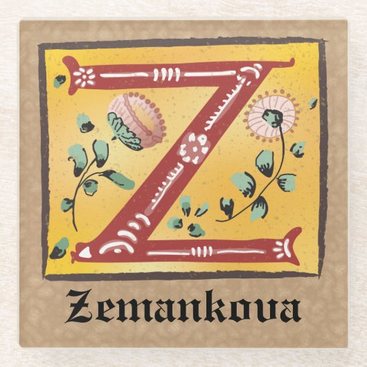 Medieval Floral Illuminated Letter Z Monogram Glazen Onderzetter (Voorkant)