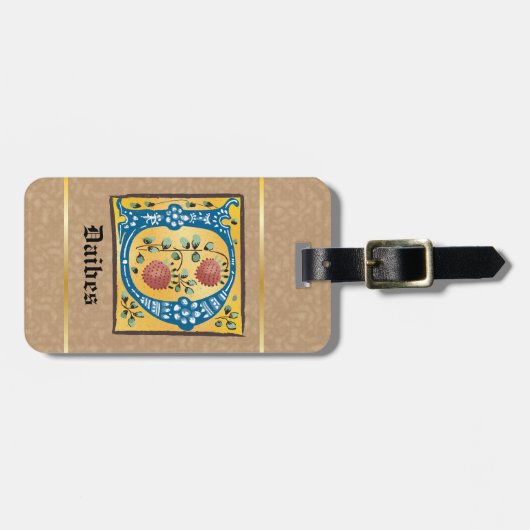 Medieval Floral, verlicht Letter D Monogram Bagagelabel (Voorkant horizontaal)