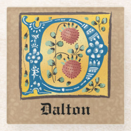Medieval Floral, verlicht Letter D Monogram Glazen Onderzetter