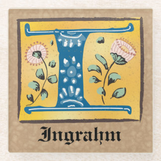Medieval Floral, verlicht Letter I Monogram Glazen Onderzetter