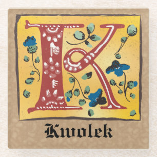 Medieval Floral, verlicht, letter K Monogram Glazen Onderzetter
