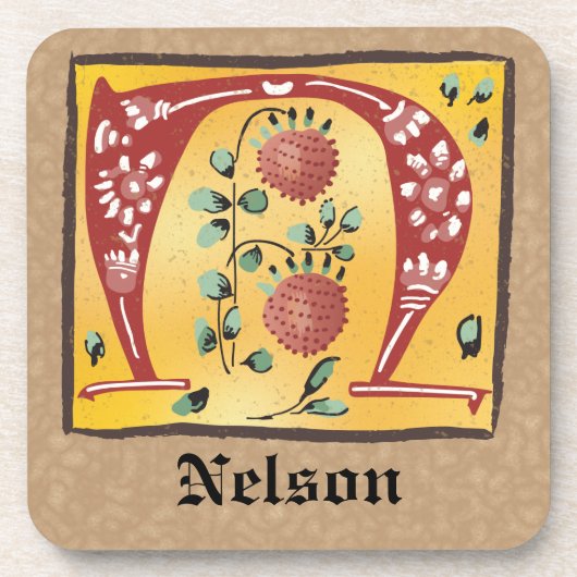 Medieval Floral, verlicht, letter N Monogram Bier Onderzetter (Voorkant)