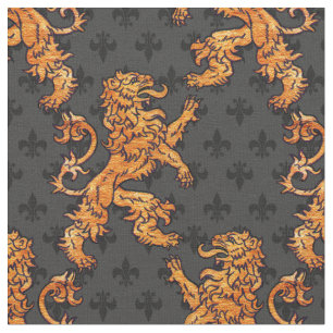 Medieval Gold Lion Black Grey Fleur de Lis Stof