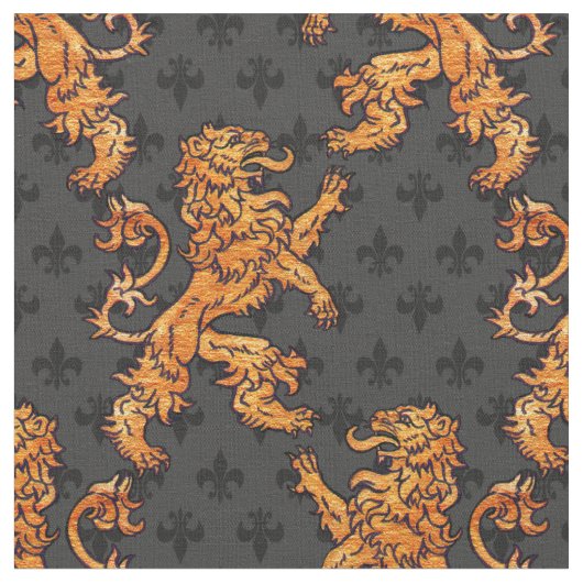 Medieval Gold Lion Black Grey Fleur de Lis Stof (Close Up)