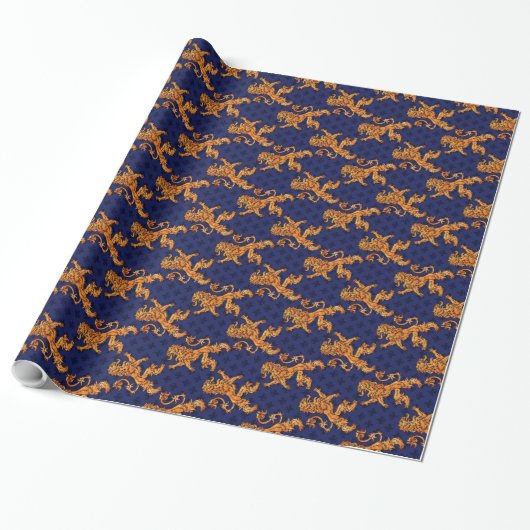 Medieval Gold Lion Blue Fleur de Lis Cadeaupapier (Uitgerold)