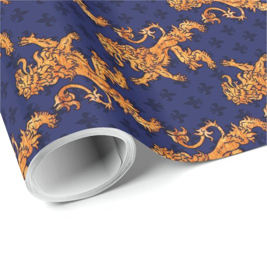 Medieval Gold Lion Blue Fleur de Lis Cadeaupapier (Rol Hoek)