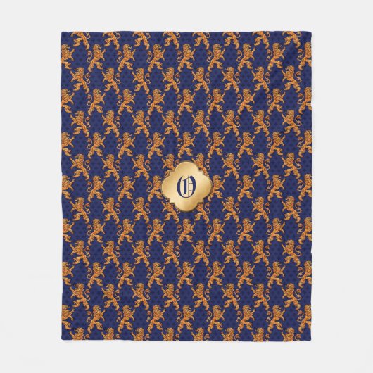 Medieval Gold Lion Blue Fleur de Lis Fleece Deken (Voorkant)
