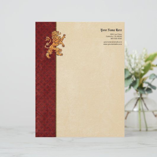 Medieval Gold Lion Red Fleur de Lis Briefhoofd Sjabloon (Staand voorkant)