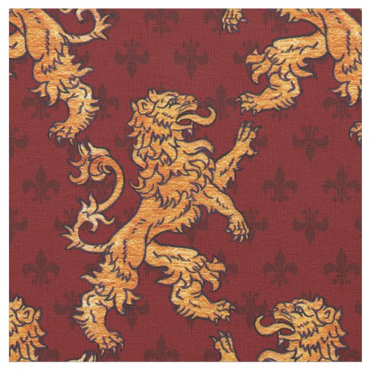 Medieval Gold Lion Red Fleur de Lis Stof (Close Up)