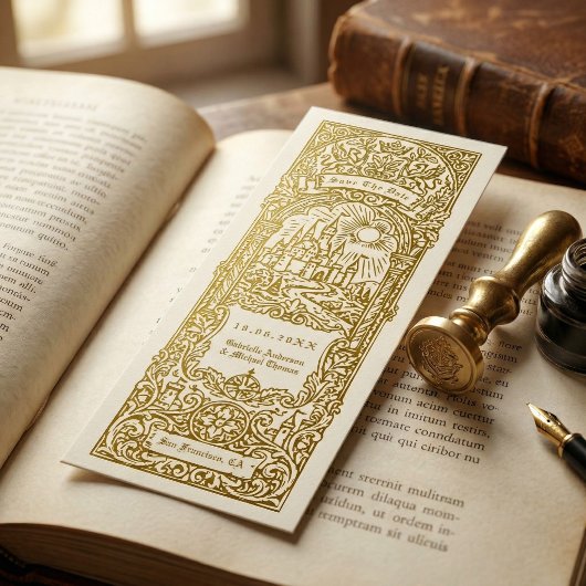 Medieval Gold Wedding Bookmark Save The Date Kaart