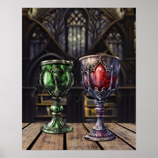 Medieval Gothic Green Red Goblet Castle Library Poster (Voorkant)