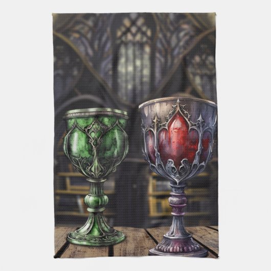 Medieval Gothic Green Red Goblet Castle Library Theedoek (Verticaal)