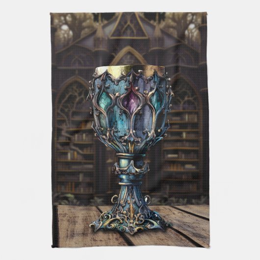 Medieval gothic Paars Blue Goblet Castle Library Theedoek (Verticaal)
