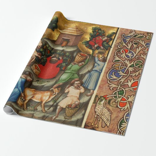 MEDIEVAL GRAPE VINEYARD HARVEST Antiek Grapevine Cadeaupapier (Uitgerold)