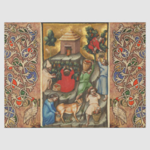 MEDIEVAL GRAPE VINEYARD HARVEST Antiek Grapevine Tissuepapier