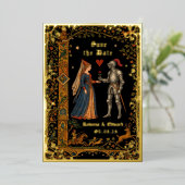 Medieval Knight and Lady Manuscript Save the Date Folie Uitnodiging (Staand Voorkant)