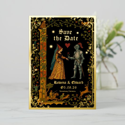 Medieval Knight and Lady Manuscript Save the Date Folie Uitnodiging (Staand Voorkant)