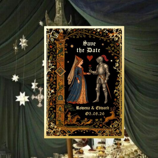 Medieval Knight and Lady Manuscript Save the Date Folie Uitnodiging