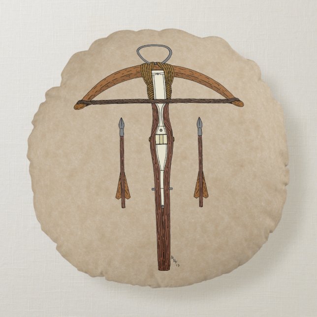Medieval Krossbow met bouten Rond Kussen (Voorkant)