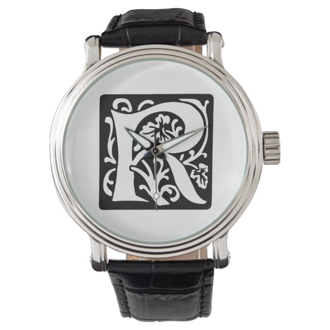 Medieval letter R Monogram zwart en wit Horloge (Voorkant)