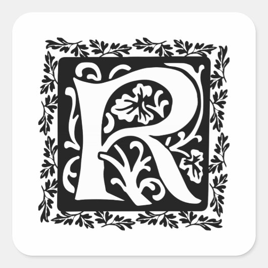 Medieval letter R Monogram zwart en wit Vierkante Sticker (Voorkant)